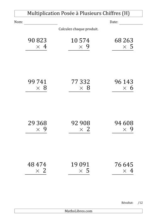 Multiplication d'un Nombre à 5 Chiffres par un Nombre à 1 Chiffre (Gros Caractère) avec une Espace comme Séparateur de Milliers (H)