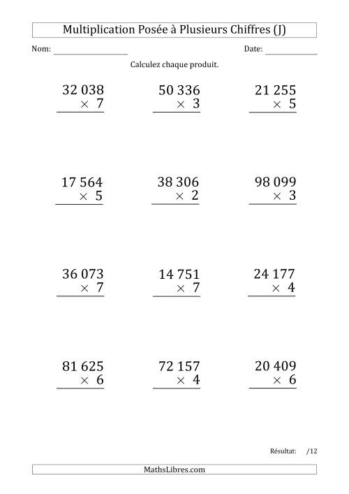 Multiplication d'un Nombre à 5 Chiffres par un Nombre à 1 Chiffre (Gros Caractère) avec une Espace comme Séparateur de Milliers (J)