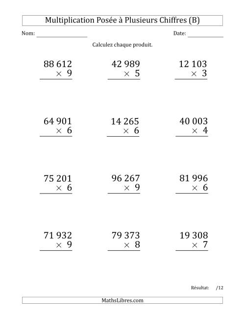 Multiplication d'un Nombre à 5 Chiffres par un Nombre à 1 Chiffre (Gros Caractère) avec une Espace comme Séparateur de Milliers (B)