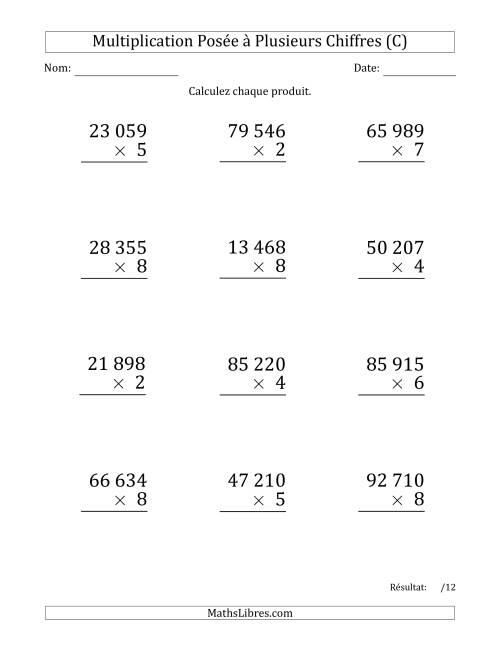 Multiplication d'un Nombre à 5 Chiffres par un Nombre à 1 Chiffre (Gros Caractère) avec une Espace comme Séparateur de Milliers (C)