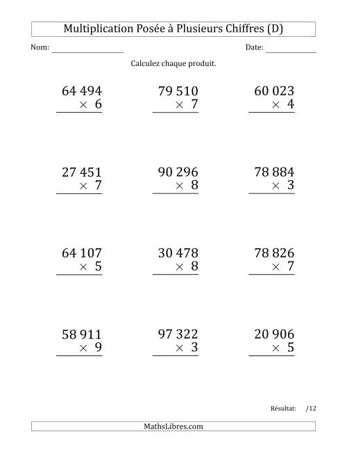 Multiplication d'un Nombre à 5 Chiffres par un Nombre à 1 Chiffre (Gros Caractère) avec une Espace comme Séparateur de Milliers (D)