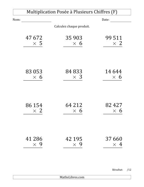 Multiplication d'un Nombre à 5 Chiffres par un Nombre à 1 Chiffre (Gros Caractère) avec une Espace comme Séparateur de Milliers (F)
