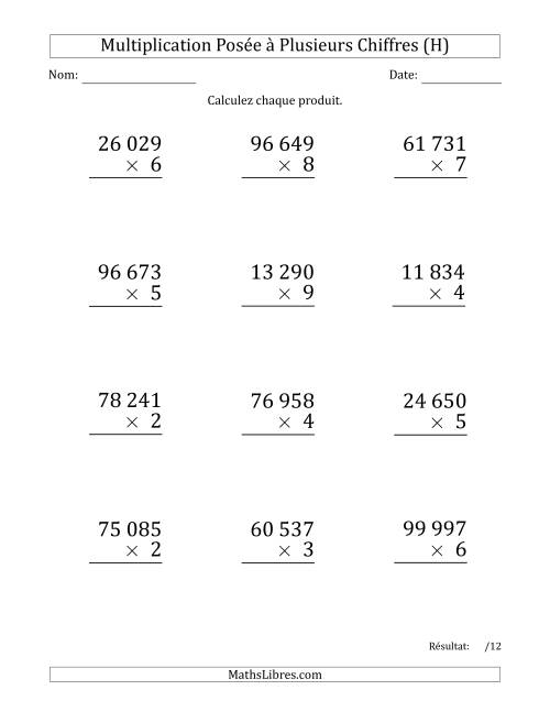 Multiplication d'un Nombre à 5 Chiffres par un Nombre à 1 Chiffre (Gros Caractère) avec une Espace comme Séparateur de Milliers (H)