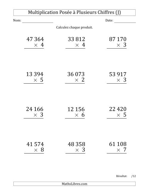 Multiplication d'un Nombre à 5 Chiffres par un Nombre à 1 Chiffre (Gros Caractère) avec une Espace comme Séparateur de Milliers (J)