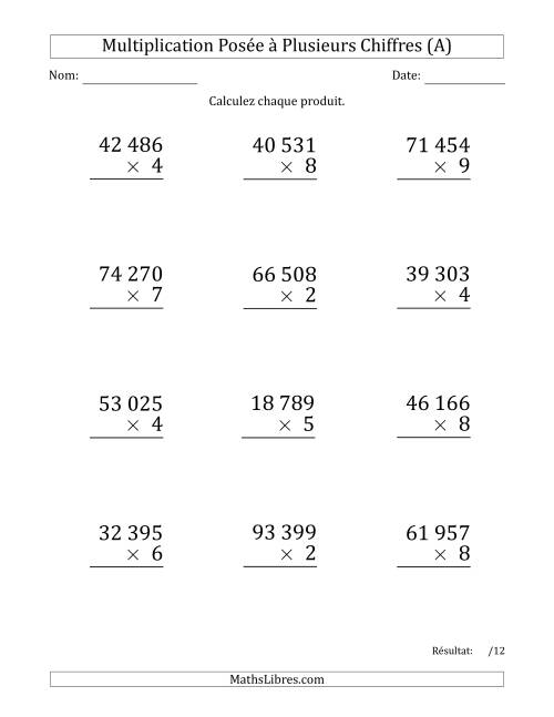 Multiplication d'un Nombre à 5 Chiffres par un Nombre à 1 Chiffre (Gros Caractère) avec une Espace comme Séparateur de Milliers (Tout)