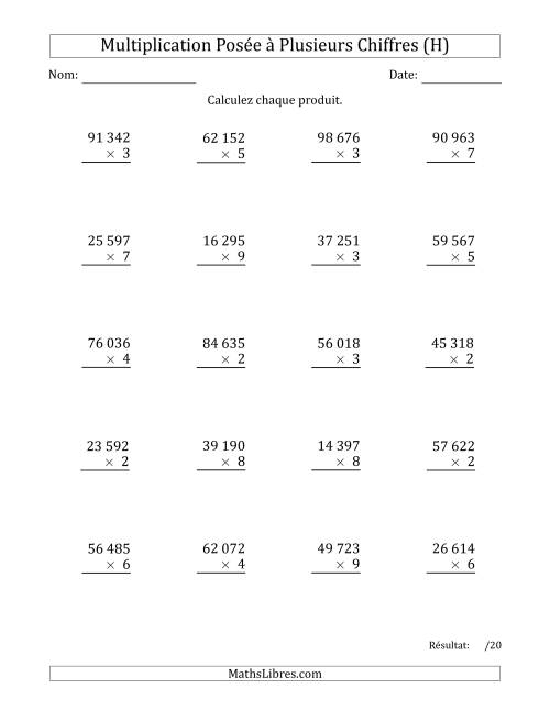 Multiplication d'un Nombre à 5 Chiffres par un Nombre à 1 Chiffre avec une Espace comme Séparateur de Milliers (H)