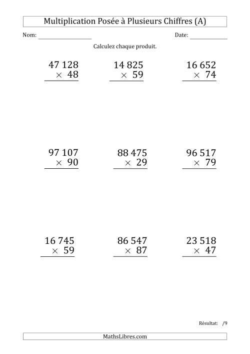 Multiplication d'un Nombre à 5 Chiffres par un Nombre à 2 Chiffres (Gros Caractère) avec une Espace comme Séparateur de Milliers (A)