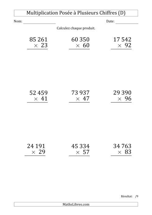 Multiplication d'un Nombre à 5 Chiffres par un Nombre à 2 Chiffres (Gros Caractère) avec une Espace comme Séparateur de Milliers (D)