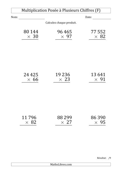 Multiplication d'un Nombre à 5 Chiffres par un Nombre à 2 Chiffres (Gros Caractère) avec une Espace comme Séparateur de Milliers (F)