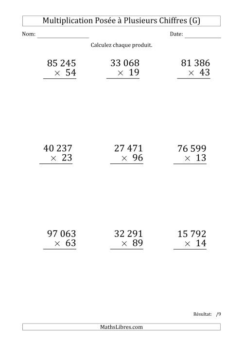 Multiplication d'un Nombre à 5 Chiffres par un Nombre à 2 Chiffres (Gros Caractère) avec une Espace comme Séparateur de Milliers (G)