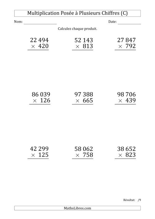 Multiplication d'un Nombre à 5 Chiffres par un Nombre à 3 Chiffres (Gros Caractère) avec une Espace comme Séparateur de Milliers (C)