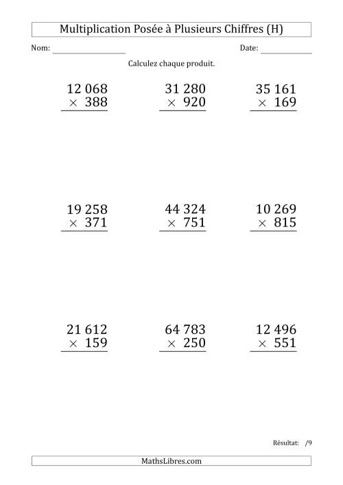 Multiplication d'un Nombre à 5 Chiffres par un Nombre à 3 Chiffres (Gros Caractère) avec une Espace comme Séparateur de Milliers (H)
