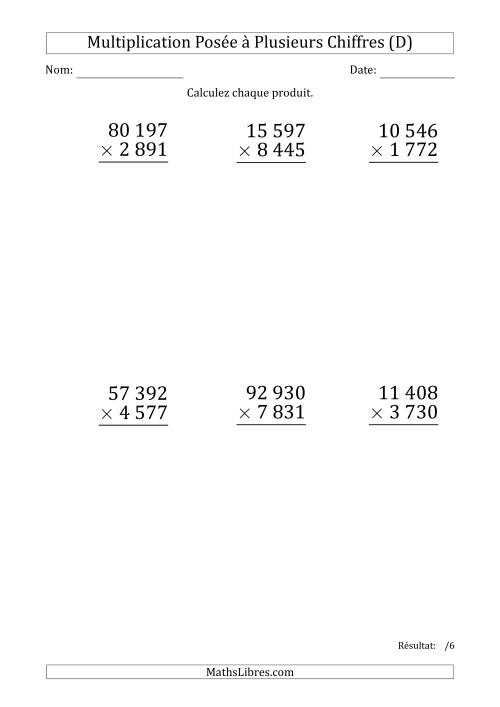 Multiplication d'un Nombre à 5 Chiffres par un Nombre à 4 Chiffres (Gros Caractère) avec une Espace comme Séparateur de Milliers (D)