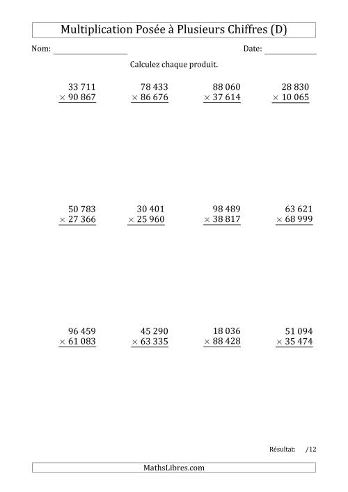 Multiplication d'un Nombre à 5 Chiffres par un Nombre à 5 Chiffres avec une Espace comme Séparateur de Milliers (D)