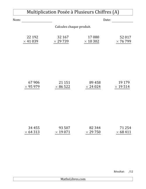 Multiplication d'un Nombre à 5 Chiffres par un Nombre à 5 Chiffres avec une Espace comme Séparateur de Milliers (A)