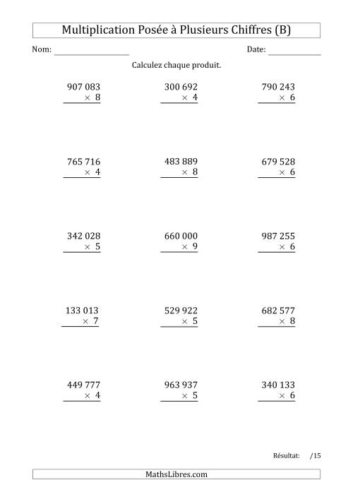 Multiplication d'un Nombre à 6 Chiffres par un Nombre à 1 Chiffre avec une Espace comme Séparateur de Milliers (B)