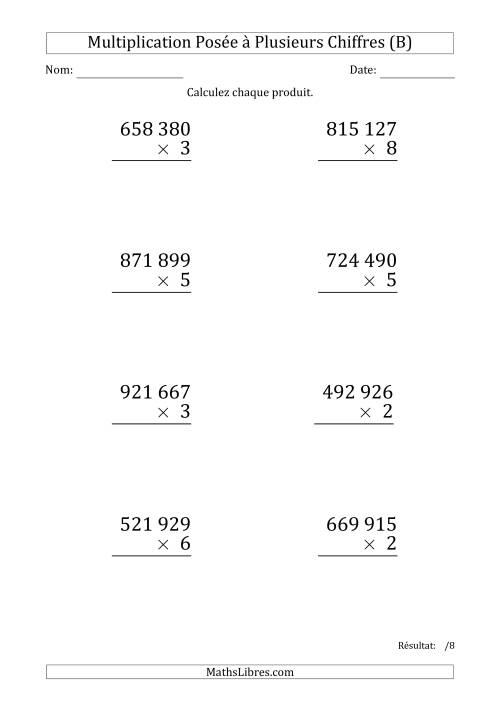 Multiplication d'un Nombre à 6 Chiffres par un Nombre à 1 Chiffre (Gros Caractère) avec une Espace comme Séparateur de Milliers (B)