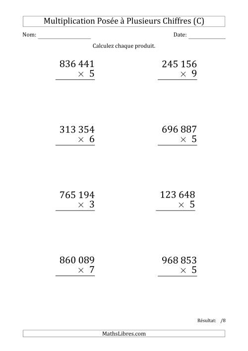 Multiplication d'un Nombre à 6 Chiffres par un Nombre à 1 Chiffre (Gros Caractère) avec une Espace comme Séparateur de Milliers (C)
