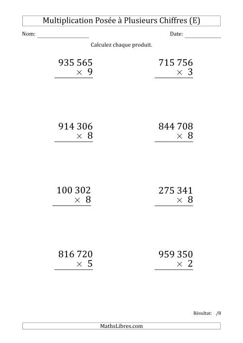 Multiplication d'un Nombre à 6 Chiffres par un Nombre à 1 Chiffre (Gros Caractère) avec une Espace comme Séparateur de Milliers (E)