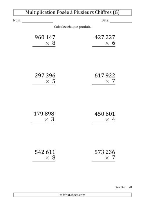 Multiplication d'un Nombre à 6 Chiffres par un Nombre à 1 Chiffre (Gros Caractère) avec une Espace comme Séparateur de Milliers (G)