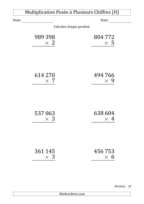 Multiplication d'un Nombre à 6 Chiffres par un Nombre à 1 Chiffre (Gros Caractère) avec une Espace comme Séparateur de Milliers (H)