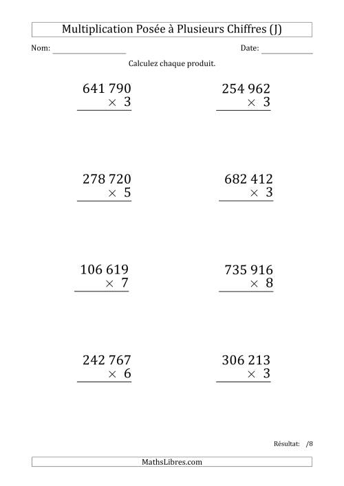 Multiplication d'un Nombre à 6 Chiffres par un Nombre à 1 Chiffre (Gros Caractère) avec une Espace comme Séparateur de Milliers (J)
