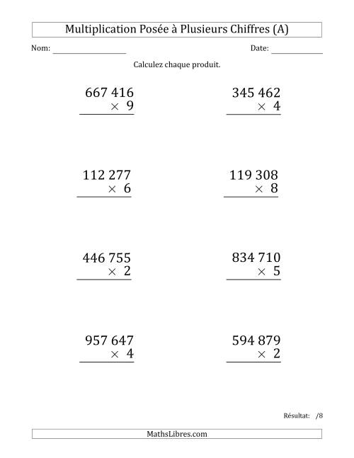 Multiplication d'un Nombre à 6 Chiffres par un Nombre à 1 Chiffre (Gros Caractère) avec une Espace comme Séparateur de Milliers (A)