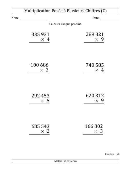 Multiplication d'un Nombre à 6 Chiffres par un Nombre à 1 Chiffre (Gros Caractère) avec une Espace comme Séparateur de Milliers (C)