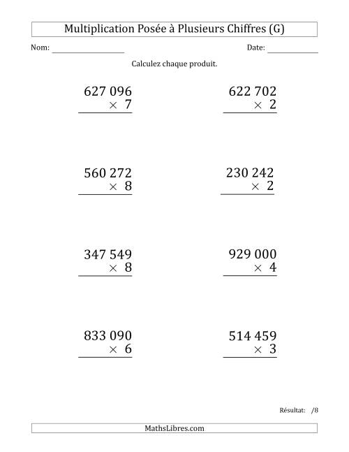 Multiplication d'un Nombre à 6 Chiffres par un Nombre à 1 Chiffre (Gros Caractère) avec une Espace comme Séparateur de Milliers (G)