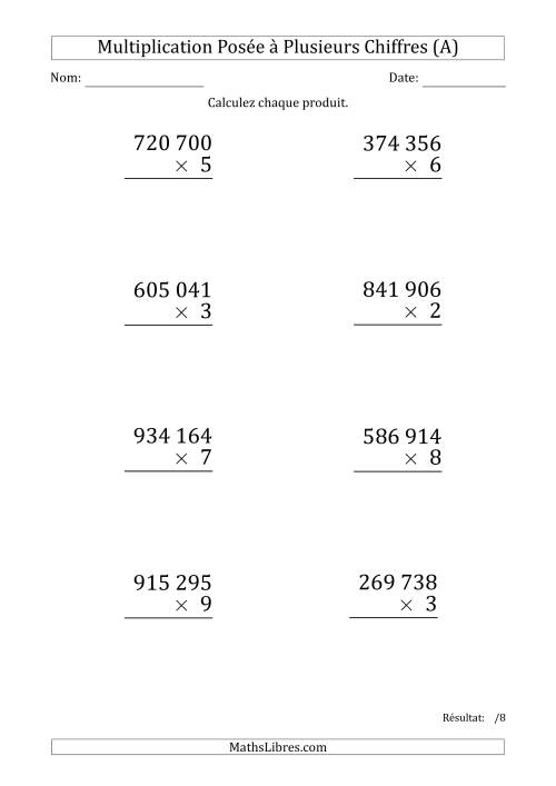 Multiplication d'un Nombre à 6 Chiffres par un Nombre à 1 Chiffre (Gros Caractère) avec une Espace comme Séparateur de Milliers (Tout)