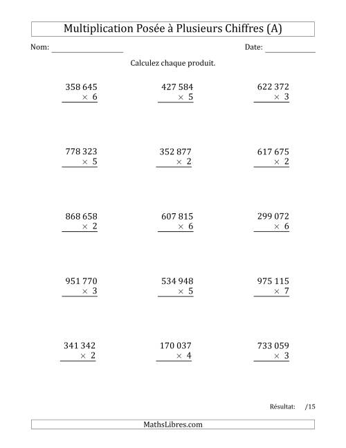 Multiplication d'un Nombre à 6 Chiffres par un Nombre à 1 Chiffre avec une Espace comme Séparateur de Milliers (A)