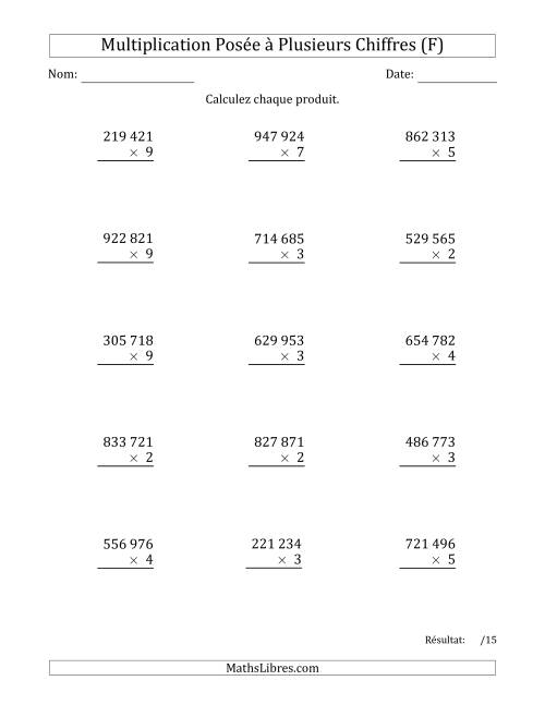 Multiplication d'un Nombre à 6 Chiffres par un Nombre à 1 Chiffre avec une Espace comme Séparateur de Milliers (F)