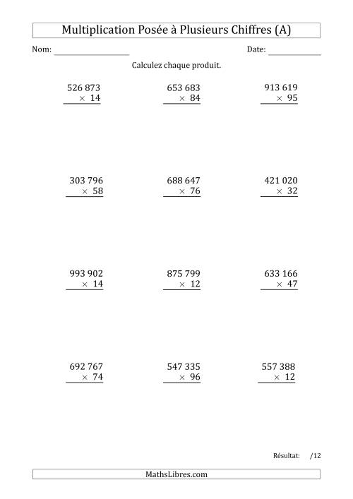 Multiplication d'un Nombre à 6 Chiffres par un Nombre à 2 Chiffres avec une Espace comme Séparateur de Milliers (A)