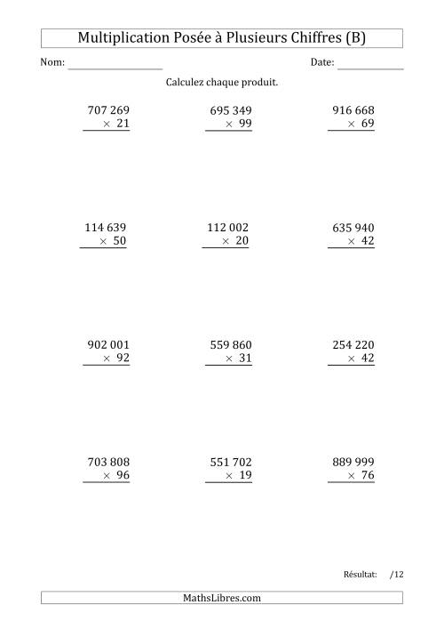 Multiplication d'un Nombre à 6 Chiffres par un Nombre à 2 Chiffres avec une Espace comme Séparateur de Milliers (B)
