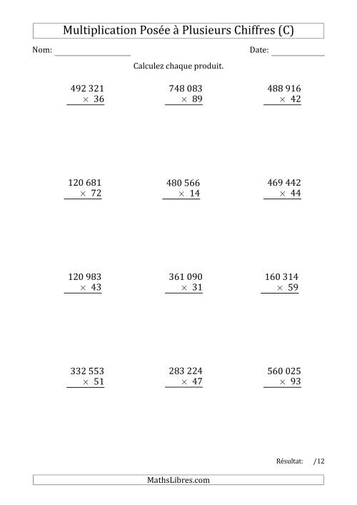 Multiplication d'un Nombre à 6 Chiffres par un Nombre à 2 Chiffres avec une Espace comme Séparateur de Milliers (C)