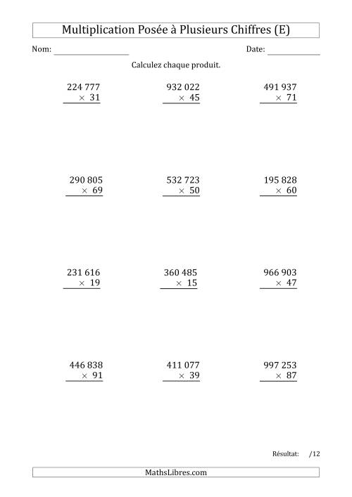 Multiplication d'un Nombre à 6 Chiffres par un Nombre à 2 Chiffres avec une Espace comme Séparateur de Milliers (E)