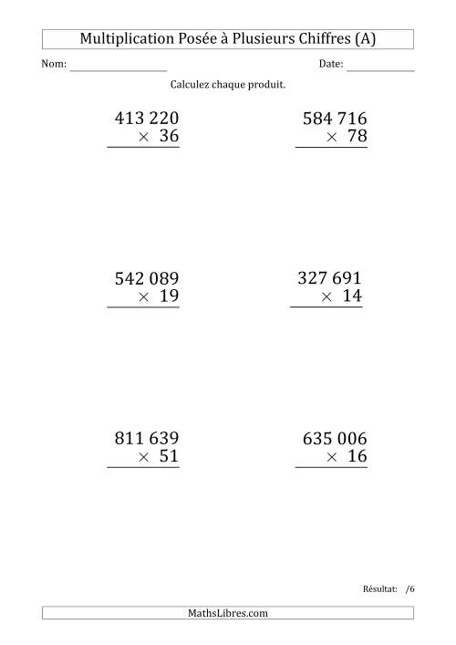 Multiplication d'un Nombre à 6 Chiffres par un Nombre à 2 Chiffres (Gros Caractère) avec une Espace comme Séparateur de Milliers (A)