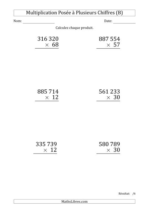 Multiplication d'un Nombre à 6 Chiffres par un Nombre à 2 Chiffres (Gros Caractère) avec une Espace comme Séparateur de Milliers (B)