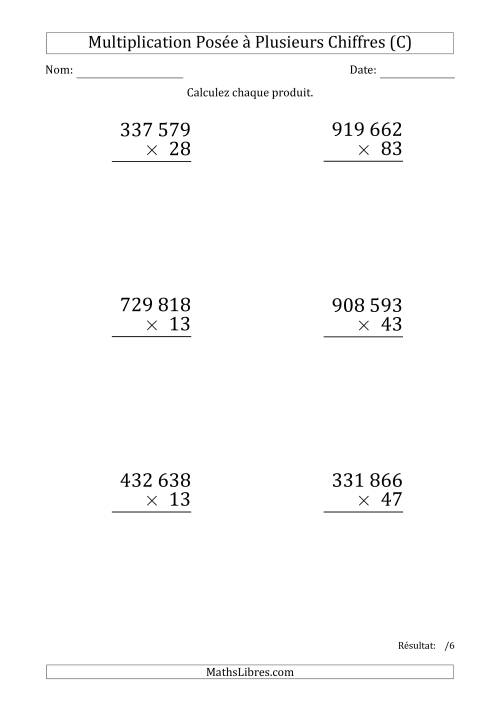 Multiplication d'un Nombre à 6 Chiffres par un Nombre à 2 Chiffres (Gros Caractère) avec une Espace comme Séparateur de Milliers (C)