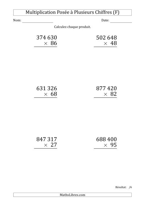 Multiplication d'un Nombre à 6 Chiffres par un Nombre à 2 Chiffres (Gros Caractère) avec une Espace comme Séparateur de Milliers (F)