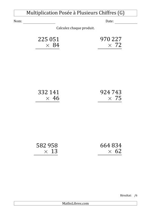 Multiplication d'un Nombre à 6 Chiffres par un Nombre à 2 Chiffres (Gros Caractère) avec une Espace comme Séparateur de Milliers (G)