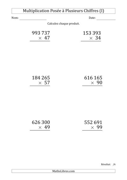 Multiplication d'un Nombre à 6 Chiffres par un Nombre à 2 Chiffres (Gros Caractère) avec une Espace comme Séparateur de Milliers (I)