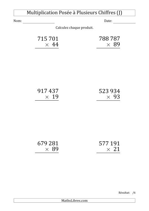 Multiplication d'un Nombre à 6 Chiffres par un Nombre à 2 Chiffres (Gros Caractère) avec une Espace comme Séparateur de Milliers (J)