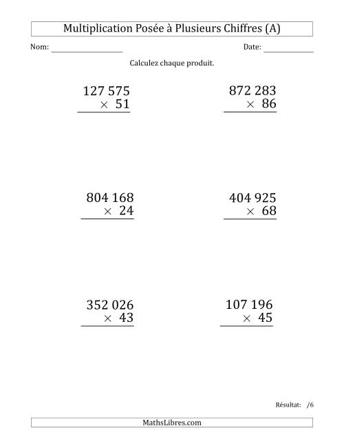 Multiplication d'un Nombre à 6 Chiffres par un Nombre à 2 Chiffres (Gros Caractère) avec une Espace comme Séparateur de Milliers (A)