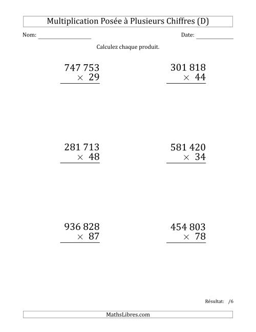 Multiplication d'un Nombre à 6 Chiffres par un Nombre à 2 Chiffres (Gros Caractère) avec une Espace comme Séparateur de Milliers (D)