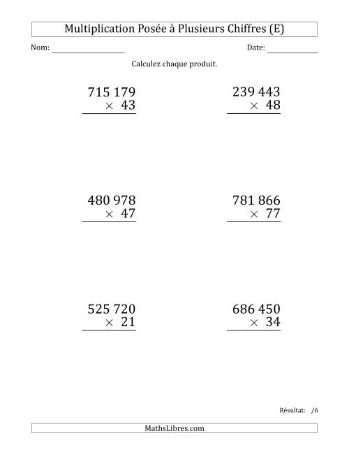 Multiplication d'un Nombre à 6 Chiffres par un Nombre à 2 Chiffres (Gros Caractère) avec une Espace comme Séparateur de Milliers (E)