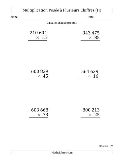 Multiplication d'un Nombre à 6 Chiffres par un Nombre à 2 Chiffres (Gros Caractère) avec une Espace comme Séparateur de Milliers (H)