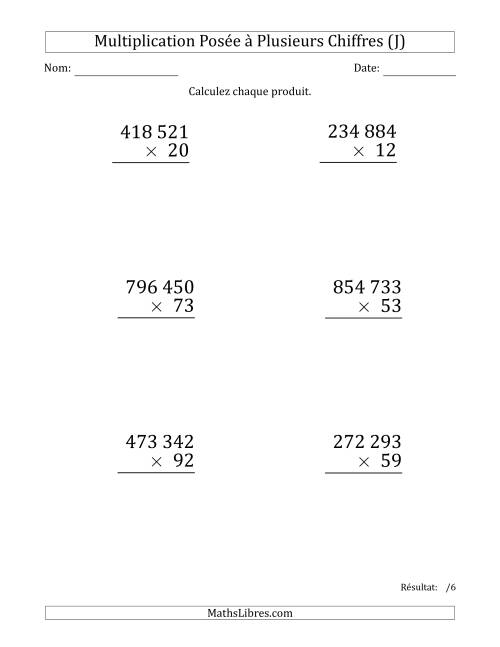 Multiplication d'un Nombre à 6 Chiffres par un Nombre à 2 Chiffres (Gros Caractère) avec une Espace comme Séparateur de Milliers (J)
