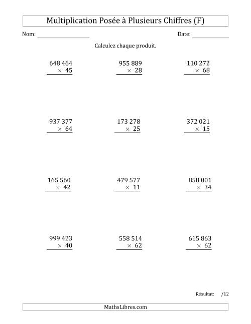 Multiplication d'un Nombre à 6 Chiffres par un Nombre à 2 Chiffres avec une Espace comme Séparateur de Milliers (F)