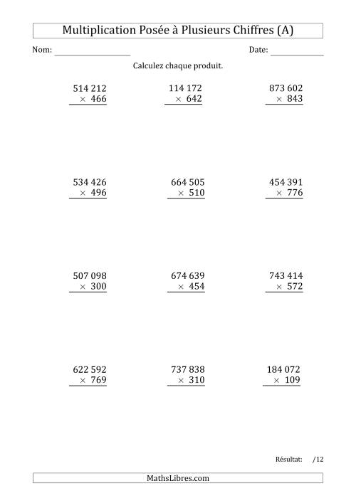 Multiplication d'un Nombre à 6 Chiffres par un Nombre à 3 Chiffres avec une Espace comme Séparateur de Milliers (A)